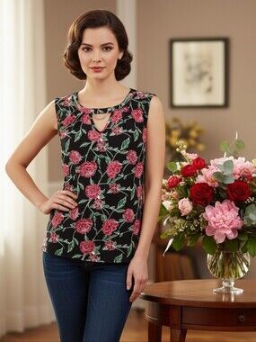 Love Scarlett Red & Black Floral Chain-Neck Top – Sleek & Chic Size Medium